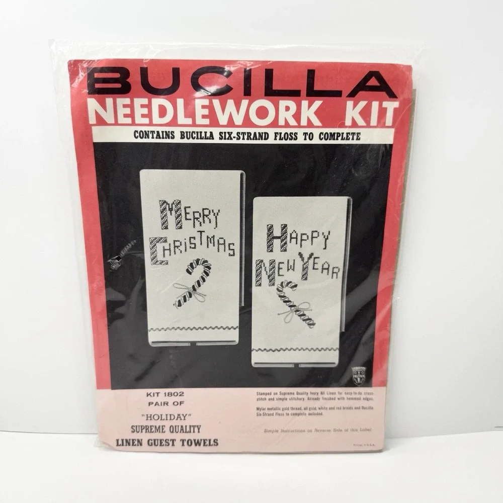 Vintage 1960s Bucilla Christmas Holiday Linen Guest Towels Needlework Kit #1802
